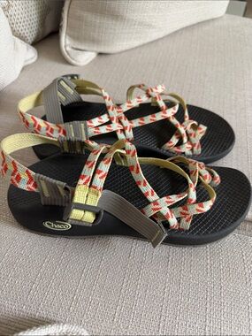 Chaco Women's Strappy Sandals in Black with Yellow and Red Accent Webbing